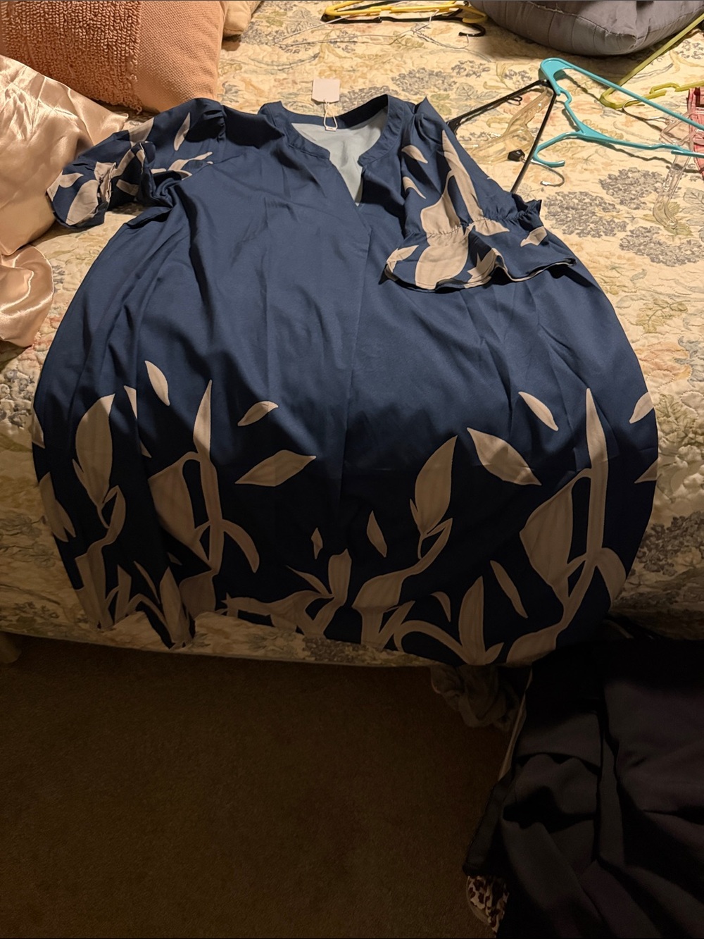Navy Blue Midi Dress with Cream Botanical Print